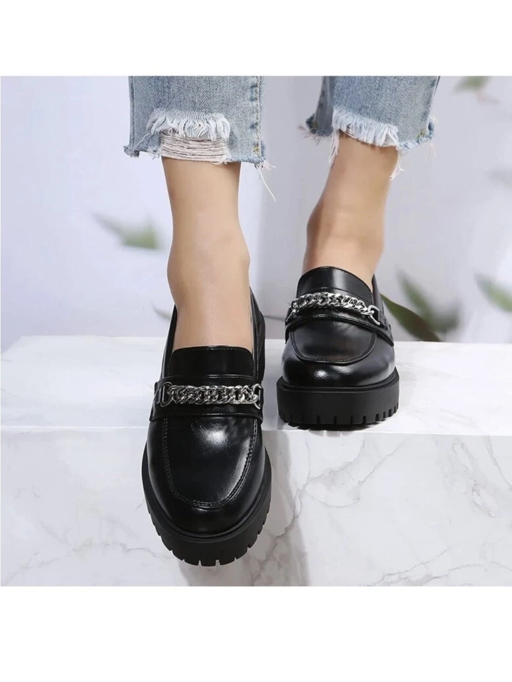 YETIER Platform Womens Leather Slip-ons Round Toe Chain Chunky Loafer Shoes 8